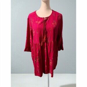 Max Studio Tunic Womens XL Pink Floral Stripe Boho Tassel Tie 3/4